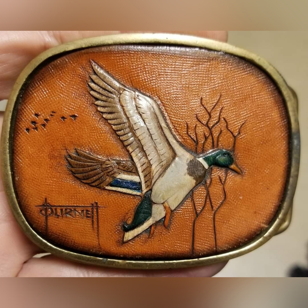 Rare Leather faced Vintage Brass Belt Buckle